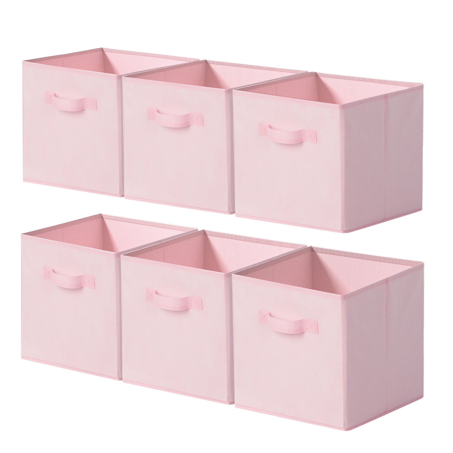 Set of six pink storage boxes with handles on a white background