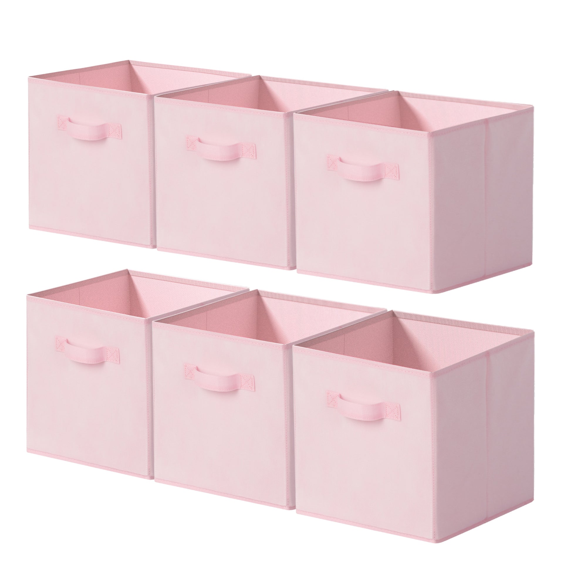 Set of six pink storage boxes with handles on a white background