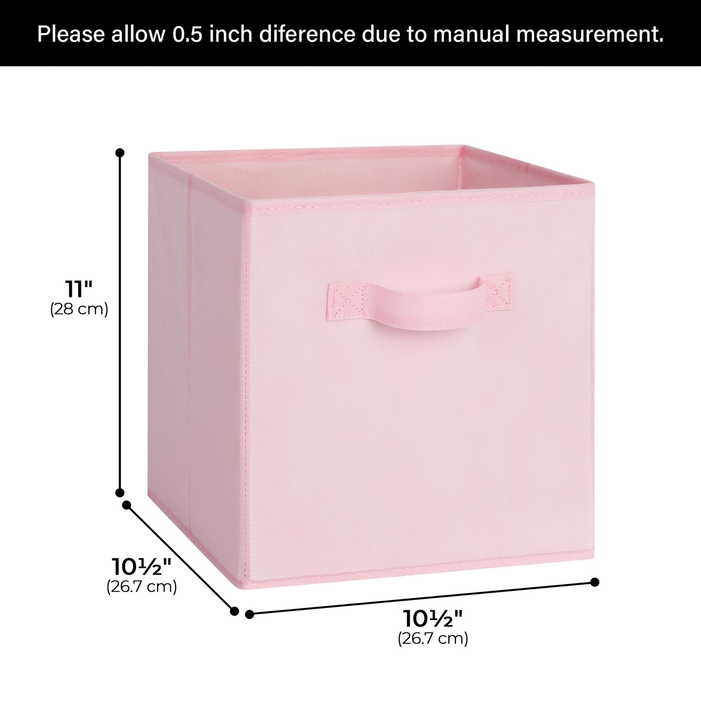 Pink cube-shaped storage bin with dimensions on a white background