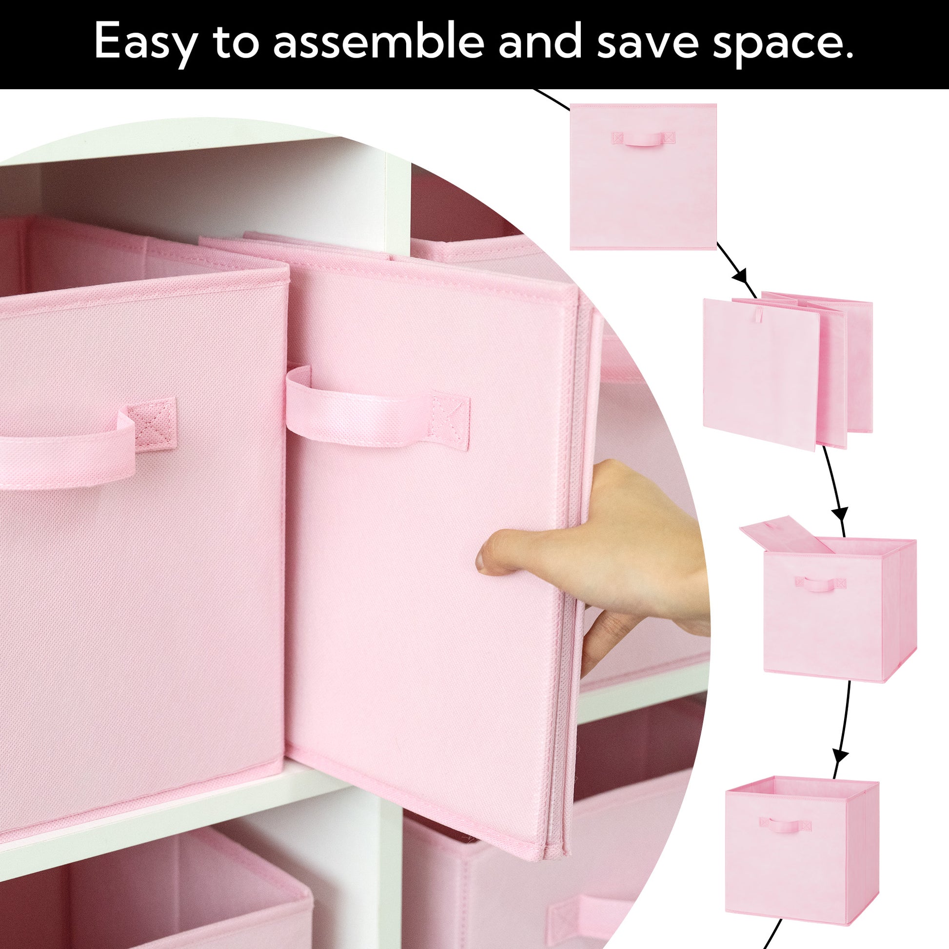 Pink storage bins with handles, shown being assembled and in a white storage unit on a white background.